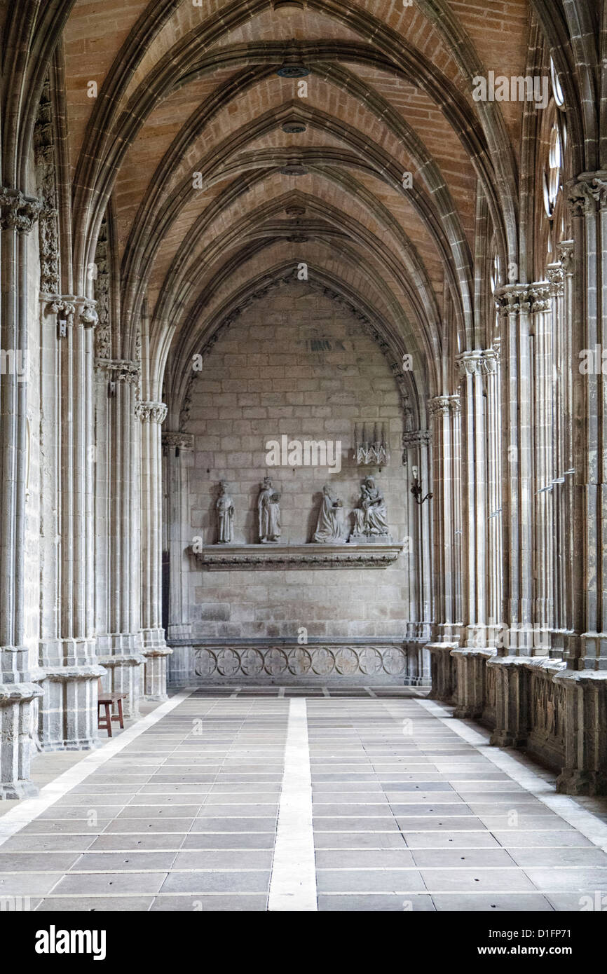 Pamplona Spain, the 14 century Gothic Cathedral cloister, relief sculpture 'We Three Kings' on the far wall, and vaulted arches Stock Photo