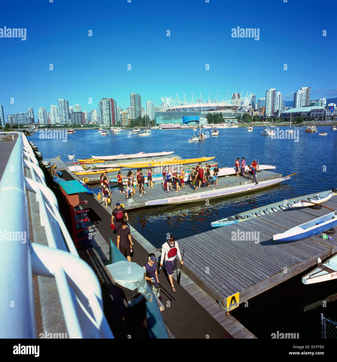 Vancouver Skyline, BC, British Columbia, Canada - BC Place Stadium and Dragon Boat Team Practice at False Creek Stock Photo