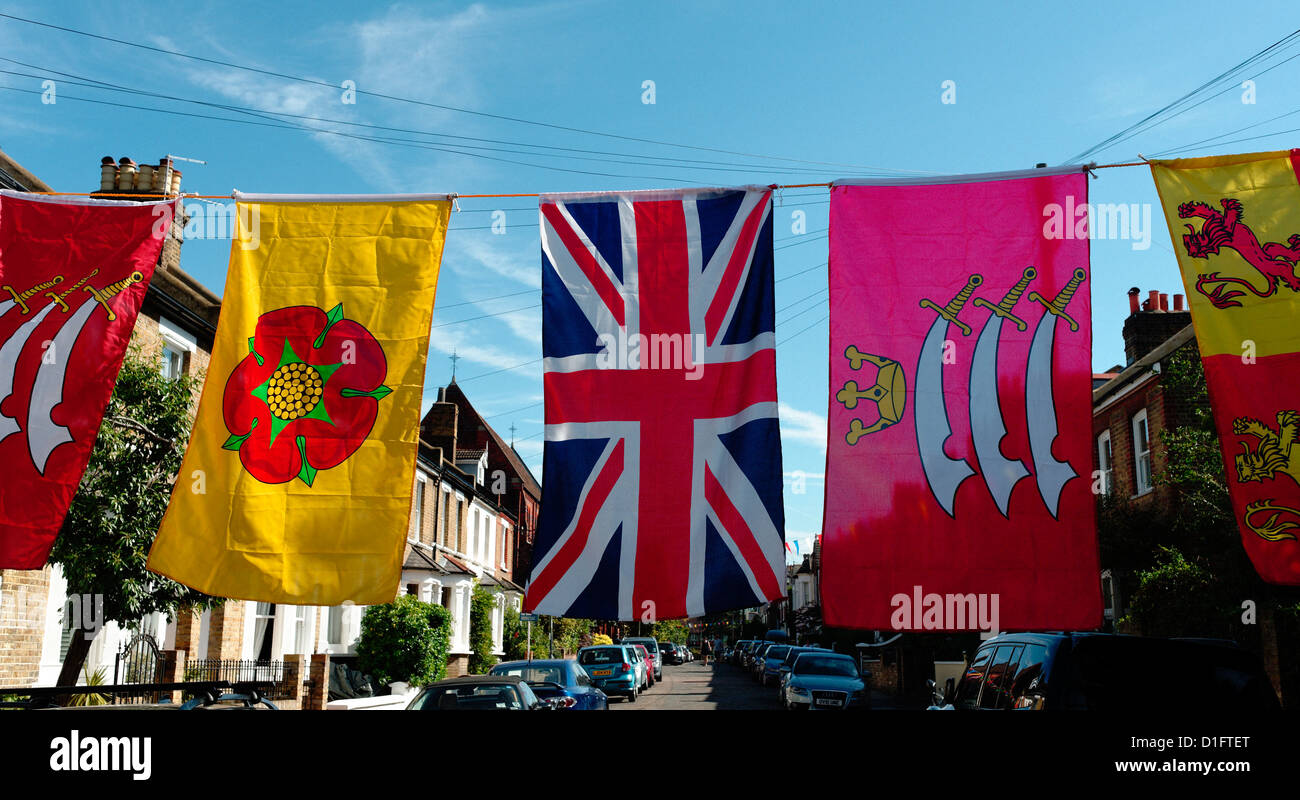 Street party flags including United Kingdom, Lancashire, Middlesex and EC, hanging in St Margarets, Twickenham Stock Photo