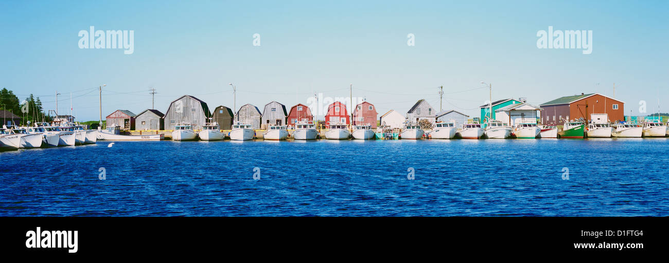 Malpeque Harbour, PEI, Prince Edward Island, Canada - Commercial Fishing Boats and Bait Shanties (Fish Sheds), Panoramic View Stock Photo