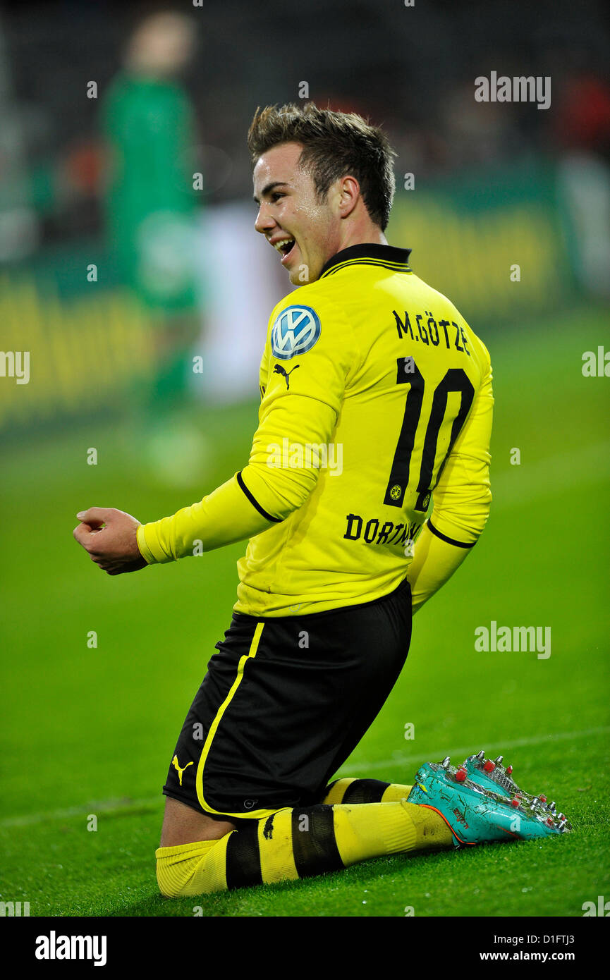 19.12.2012, german football Bundesliga Cup, Borussia Dortmund vs. Hannover 96 5:1----- triple scorer Mario Goetze (Götze) celebrates Stock Photo