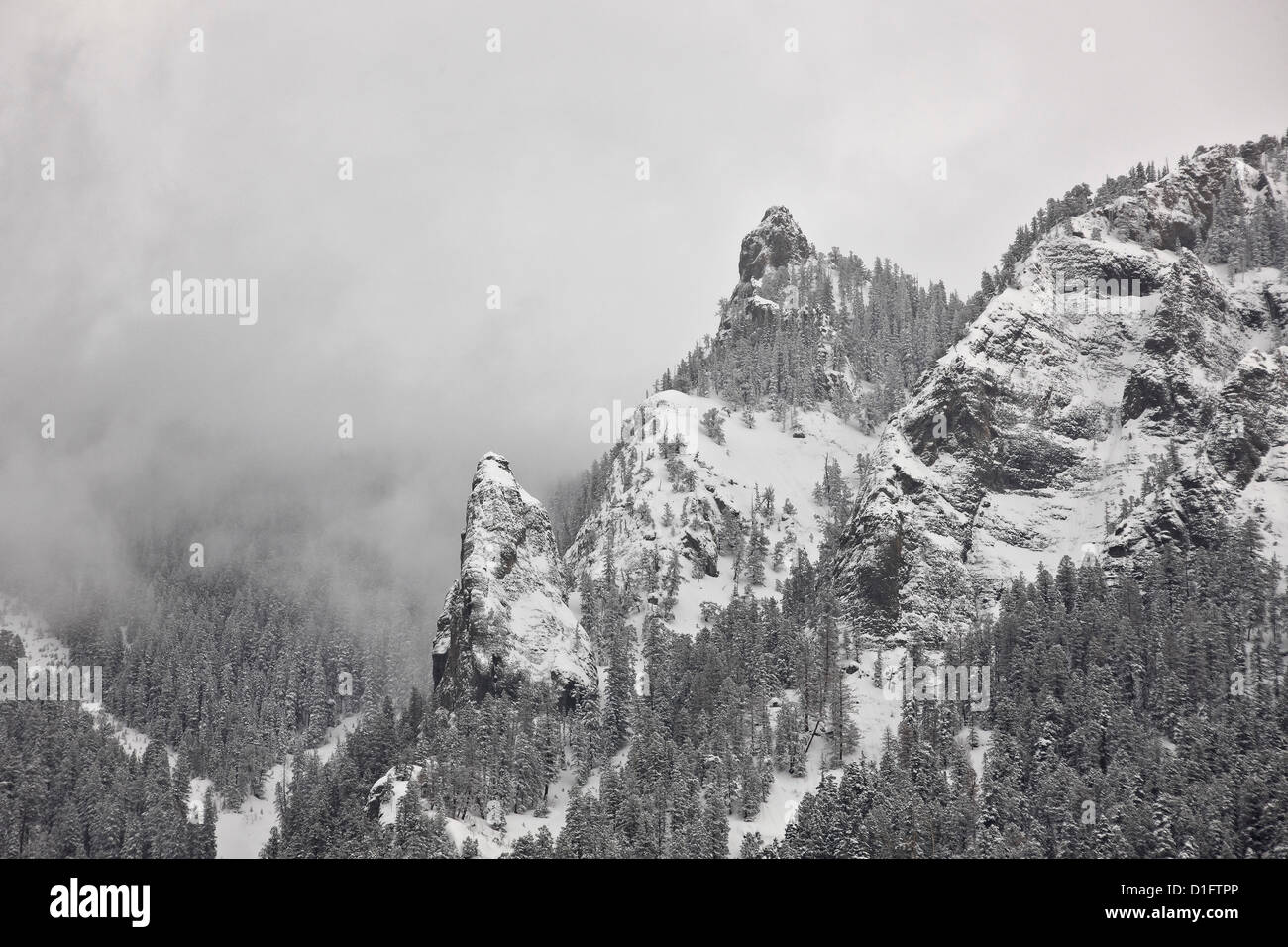 Snow-covered mountains covered with fog, Ouray County, Colorado, United States of America, North America Stock Photo