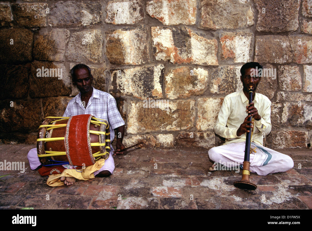 Buskers playing the Tavil drum and shehnai musical instruments in Tamil