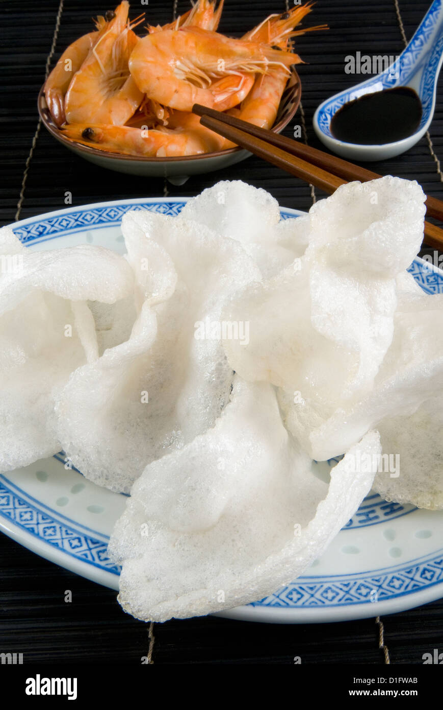 Prawn flavored crackers and soy sauce, Chinese cuisine, China, Asia