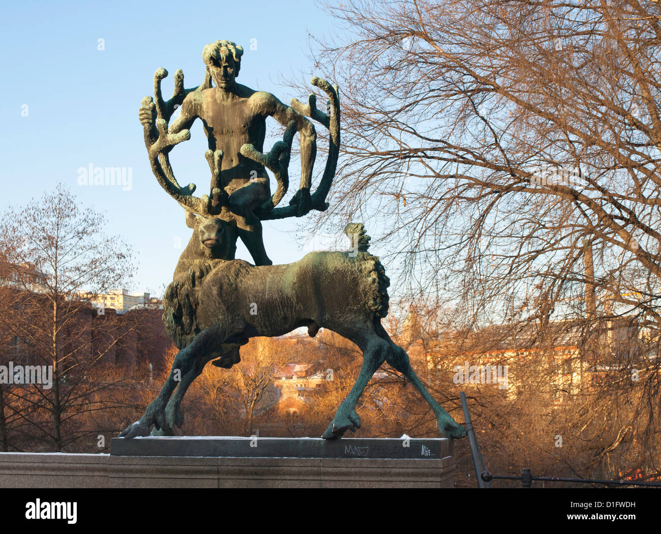 Sculpture depicting the character Peer Gynt riding a reindeer in the drama by Ibsen, placed in Oslo Norway Stock Photo