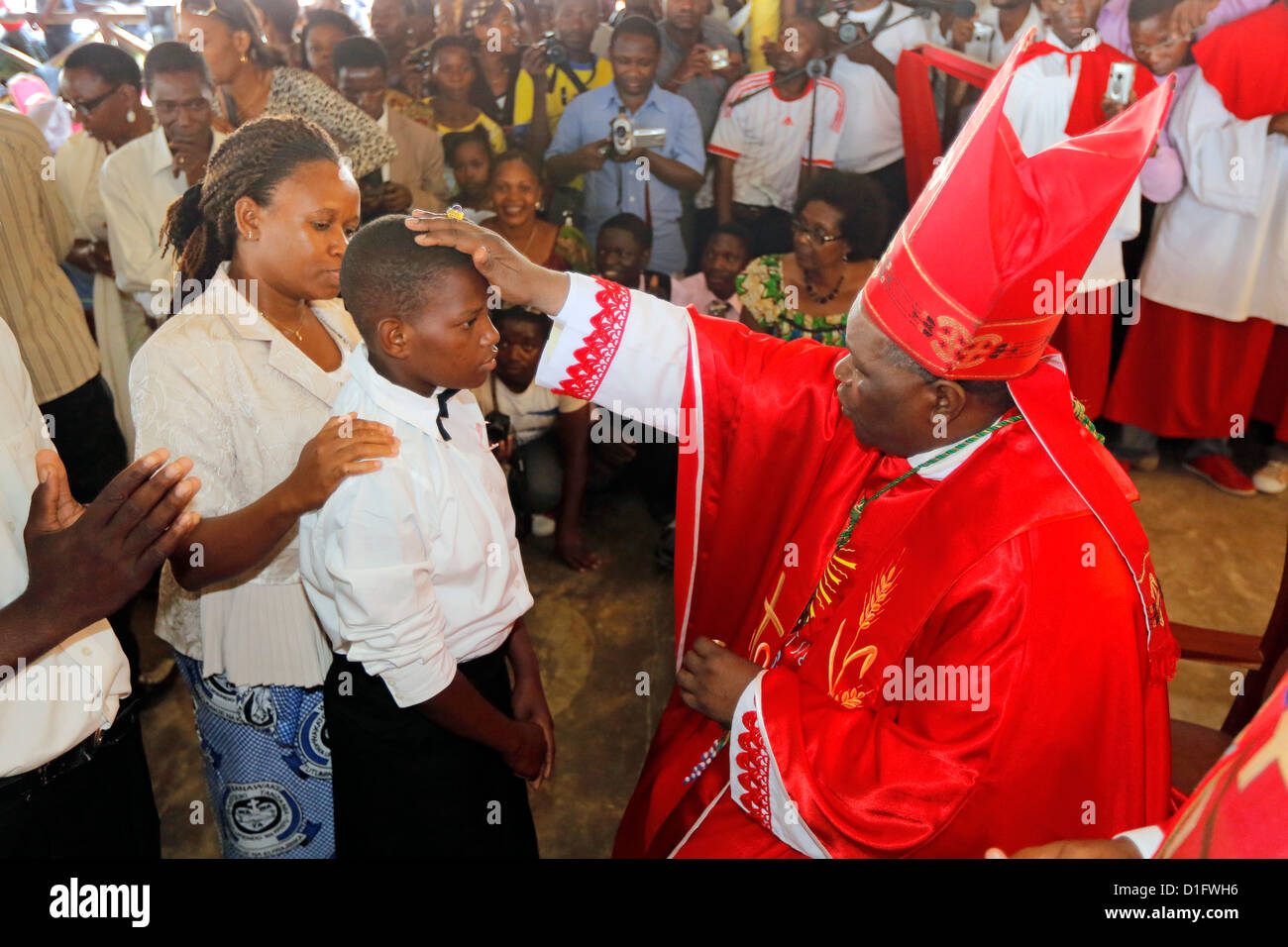 Roman Catholic Bishop Telesphor Mkude of Morogoro Diocese during confirmation ceremony in Bagamoyo, Tanzania Stock Photo