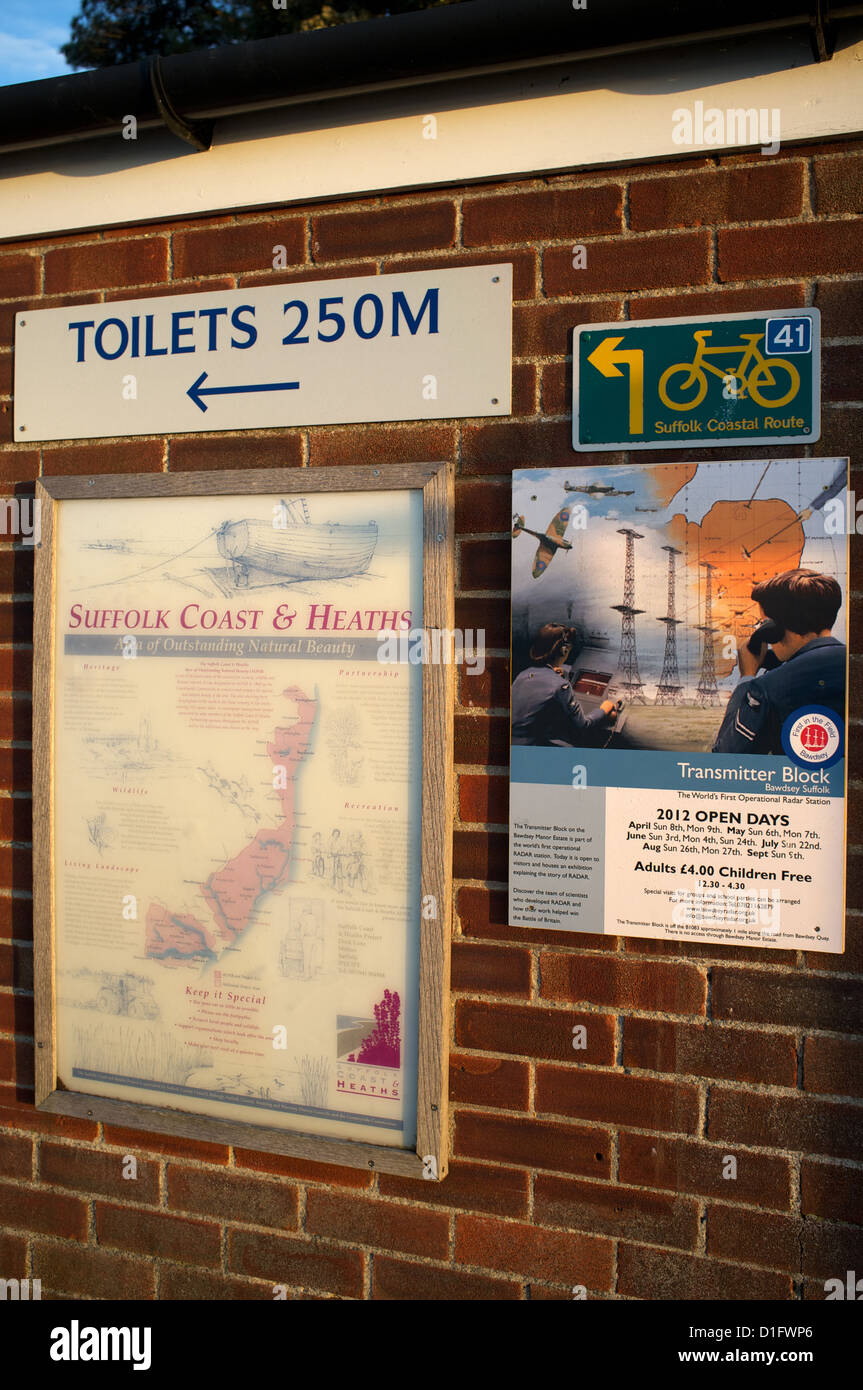 Public information signs, Bawdsey Ferry, Suffolk, UK. Stock Photo