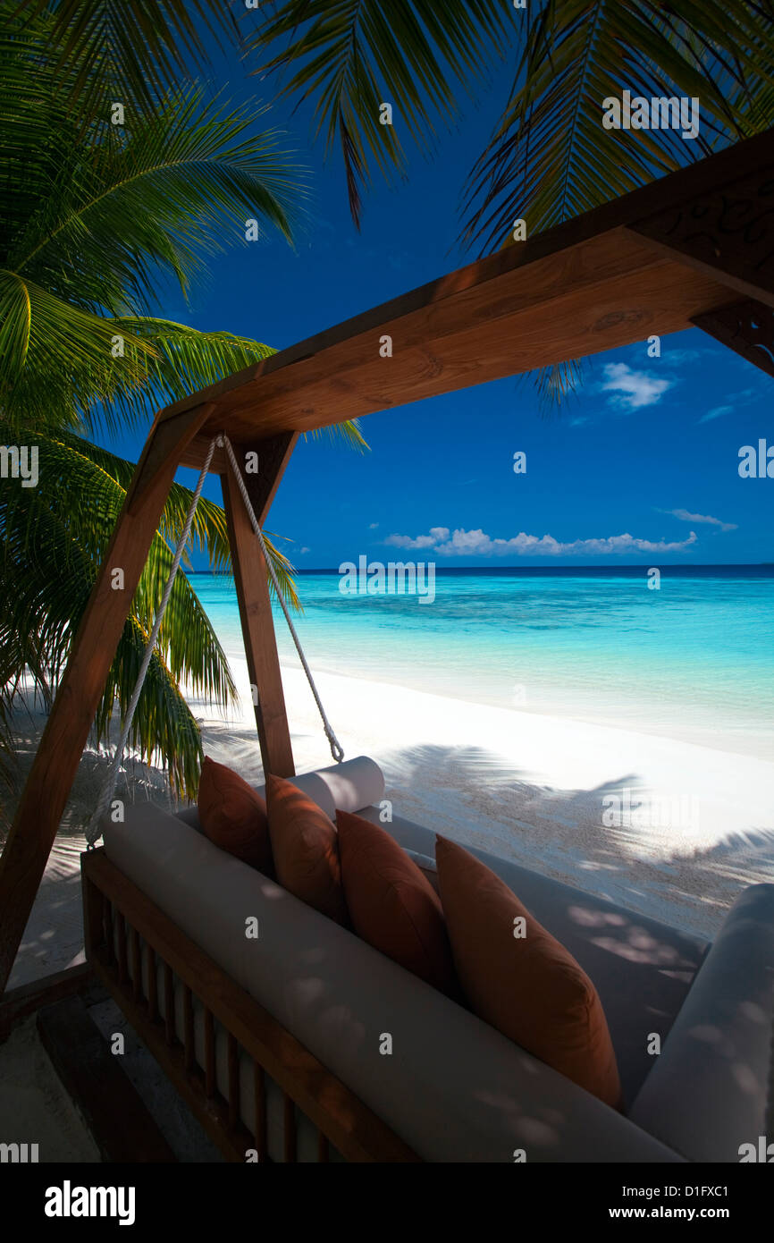 Swing on tropical beach, Maldives, Indian Ocean, Asia Stock Photo