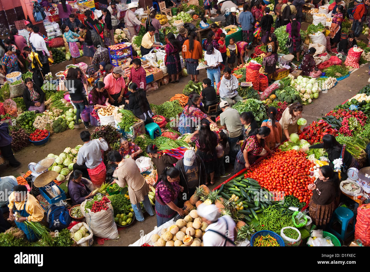 Indoor produce market, Chichicastenango, Guatemala, Central America Stock Photo