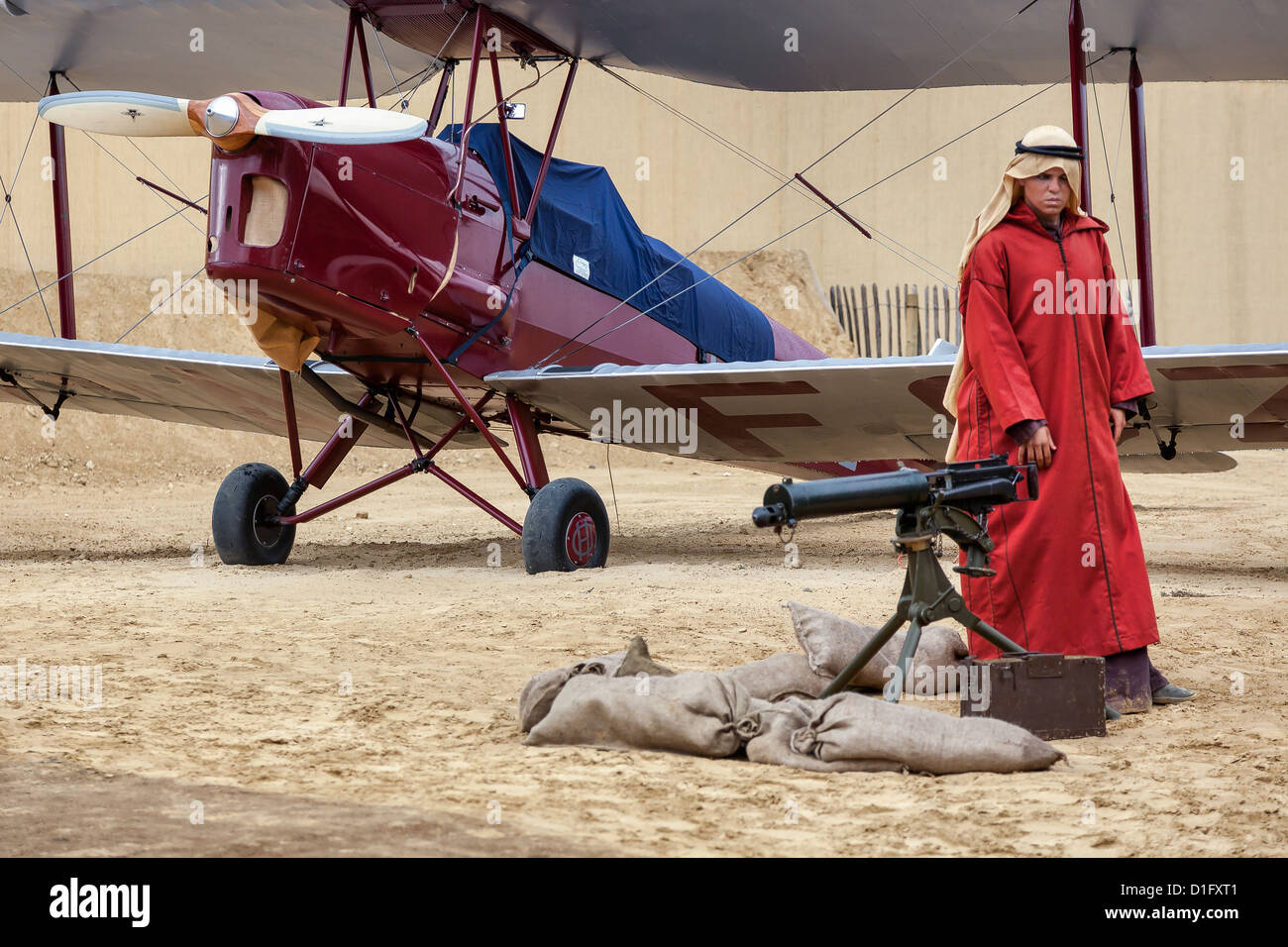 Bedouin guarding WW1 aircraft in the desert Stock Photo