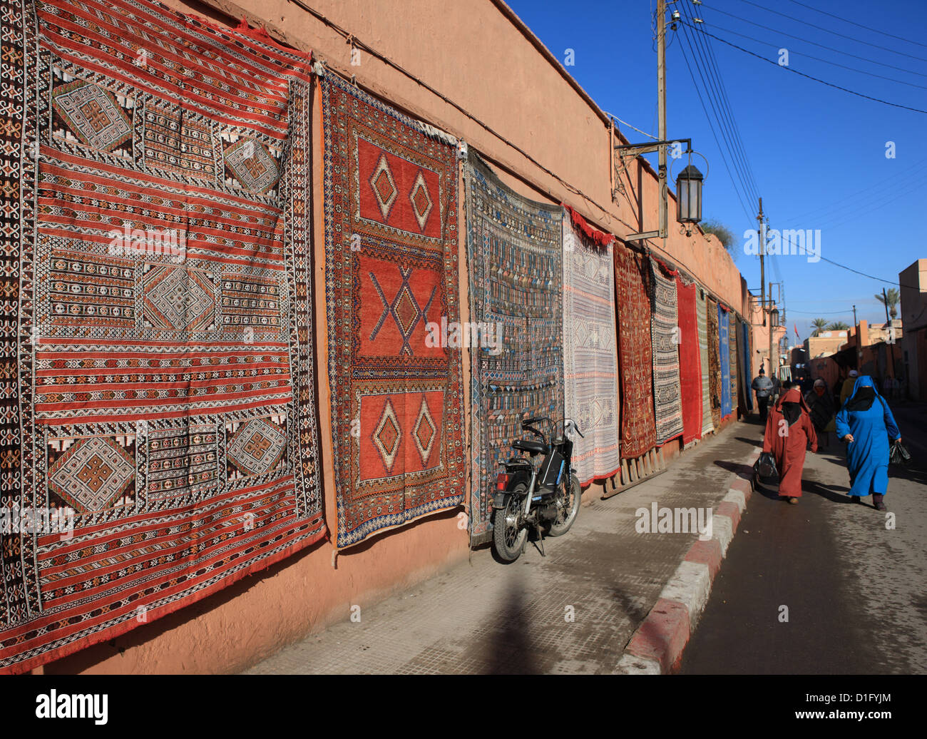 Carpets for sale in the street, Marrakech, Morocco, North Africa, Africa Stock Photo