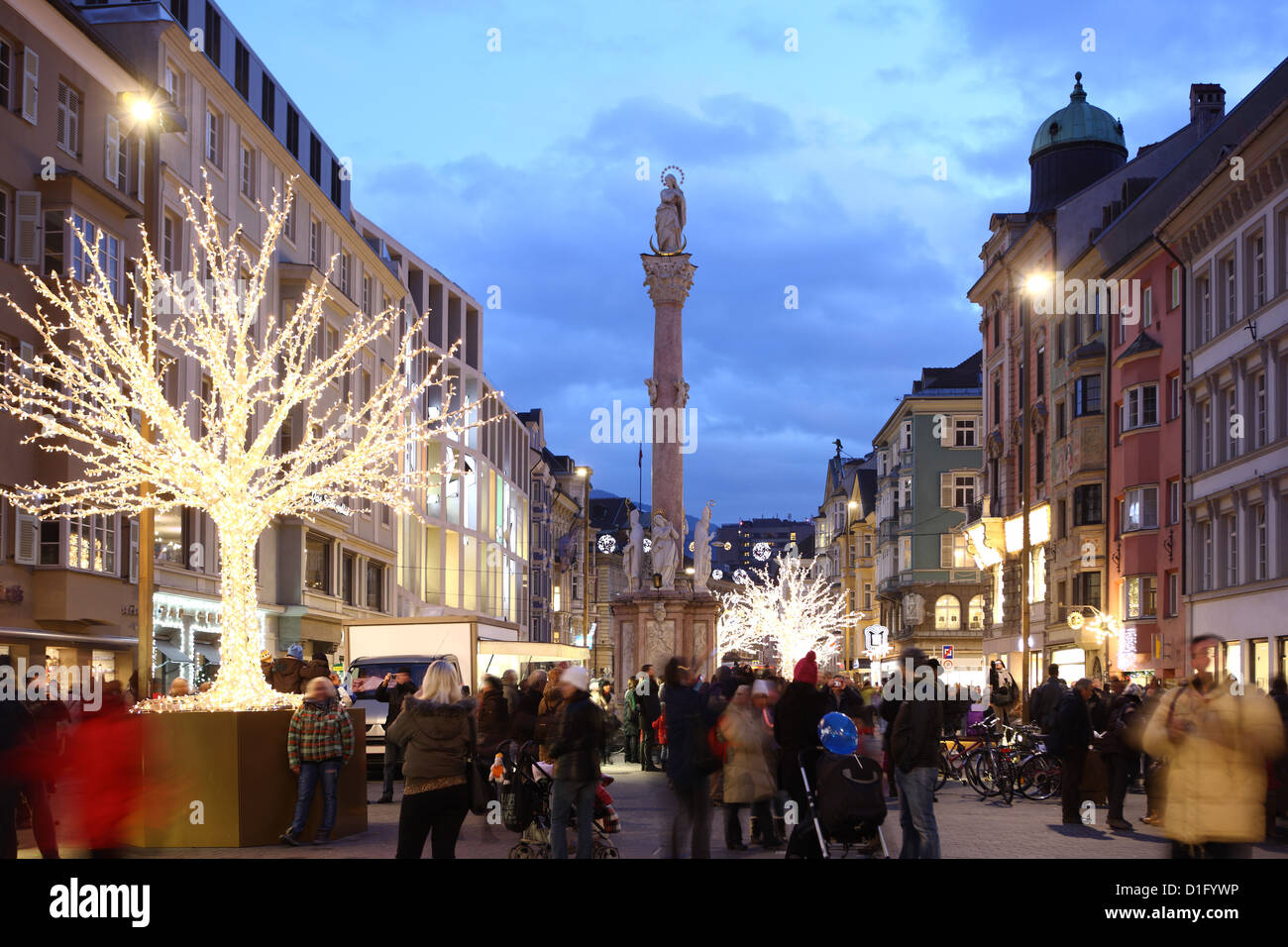 Christmas tree at dusk, Innsbruck, Tyrol, Austria, Europe Stock Photo