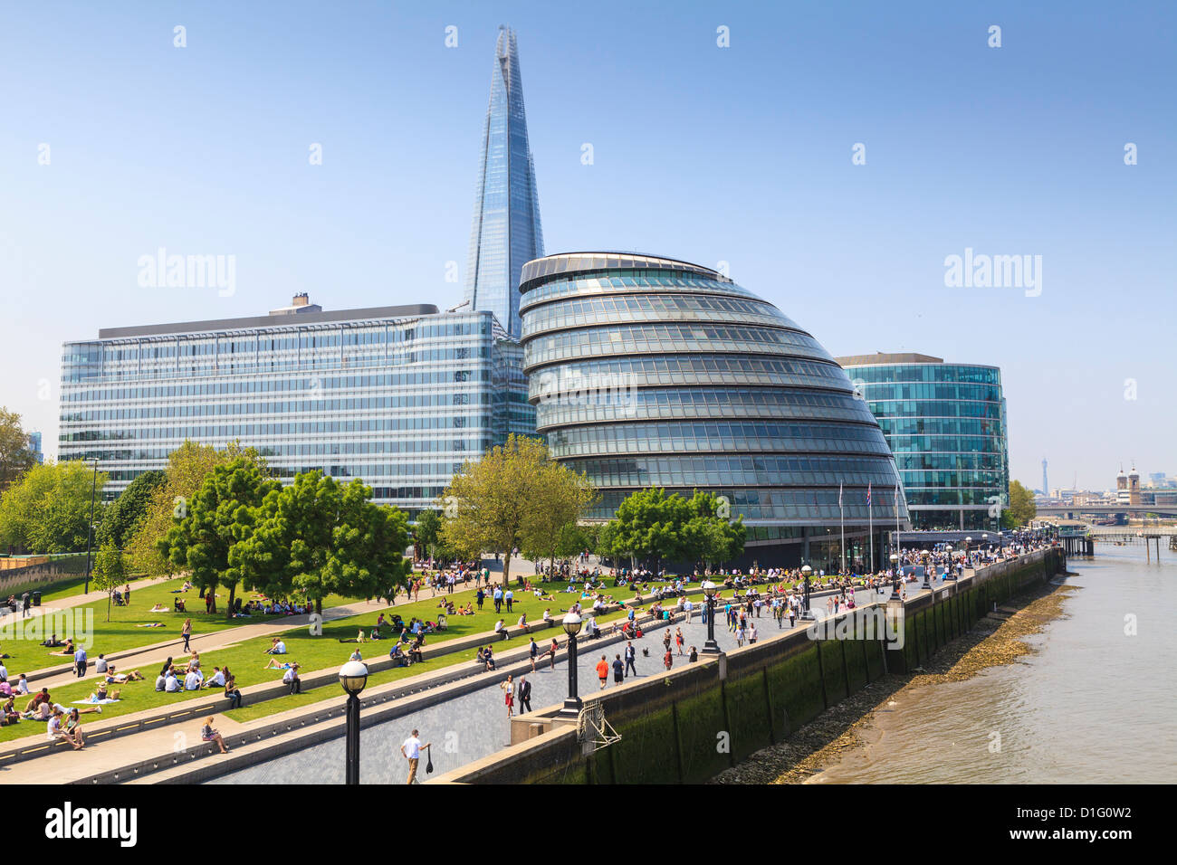 South Bank with City Hall, Shard London Bridge and More London buildings, London, England, United Kingdom, Europe Stock Photo