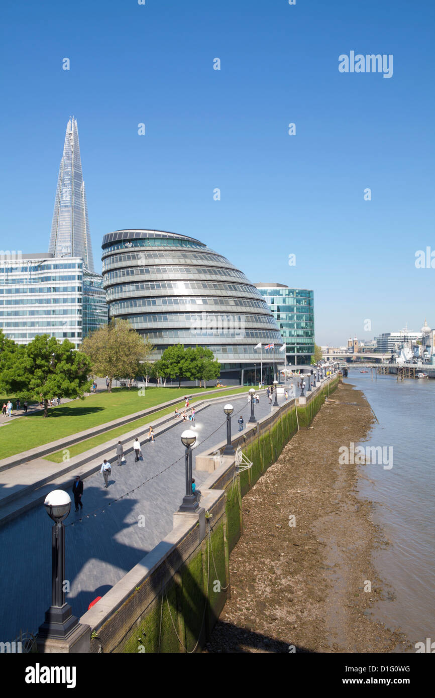 South Bank with City Hall, Shard London Bridge and More London buildings, London, England, United Kingdom, Europe Stock Photo