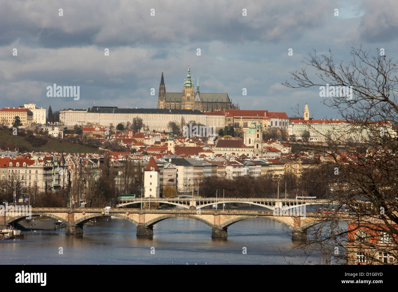 St. Vitus Cathedral, Prague Castle and Vltava River, UNESCO World Heritage Site, Prague, Czech Republic, Europe Stock Photo
