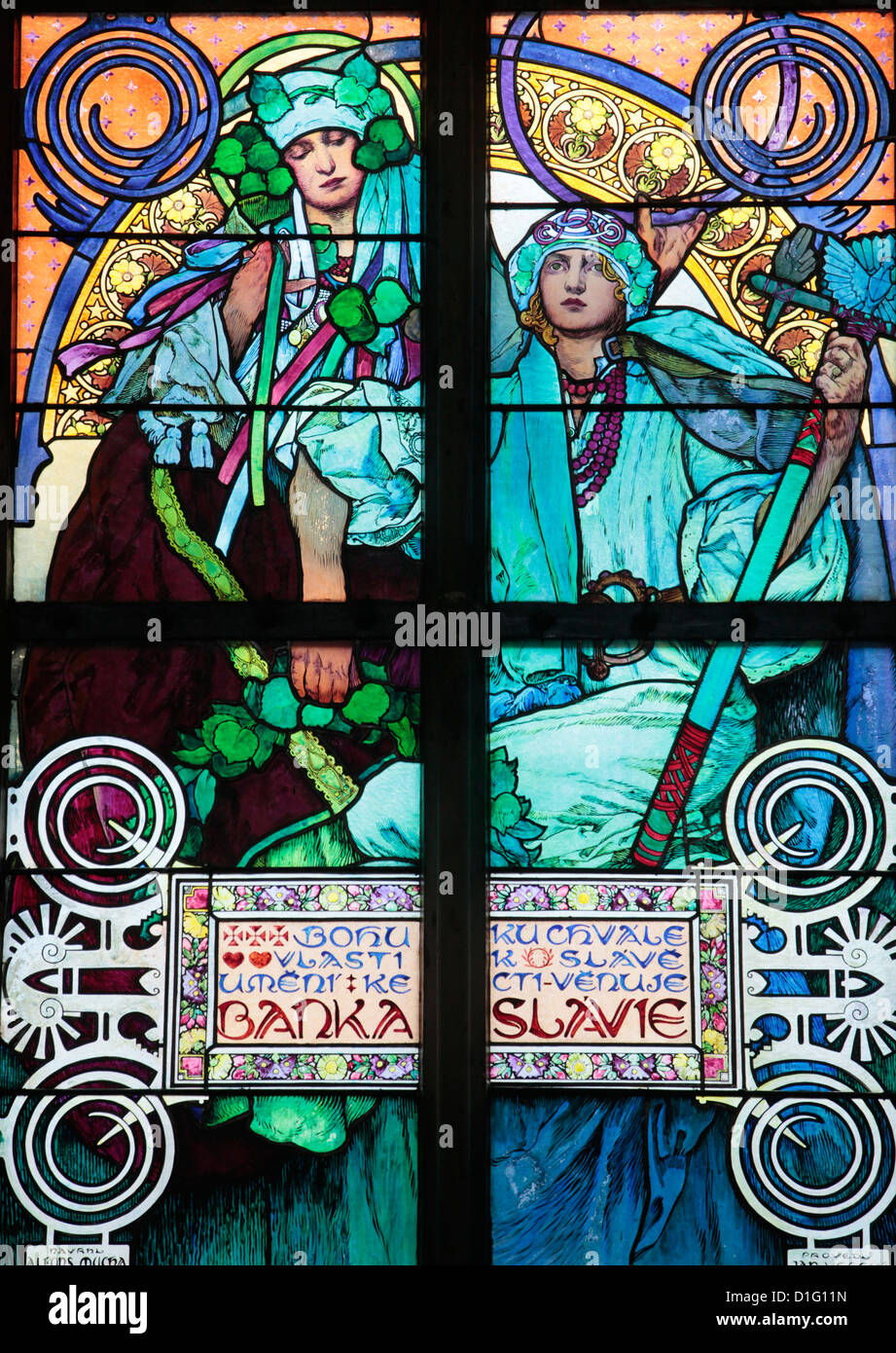 St. Vitus's Cathedral. stained glass of St. Cyril and Methodius by Alfons Mucha, Prague, Czech Republic, Europe Stock Photo