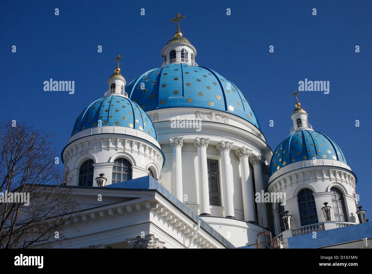 Blue cupolas emblazoned with golden stars, Trinity Cathedral, St. Petersburg, Russia, Europe Stock Photo