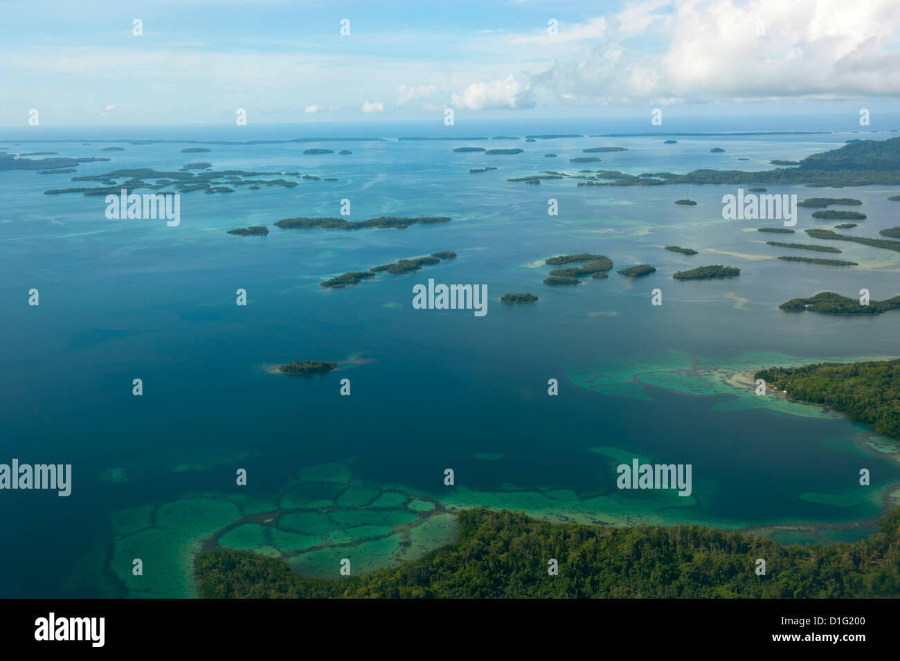 Aerial of the Marovo Lagoon, Solomon Islands, Pacific Stock Photo