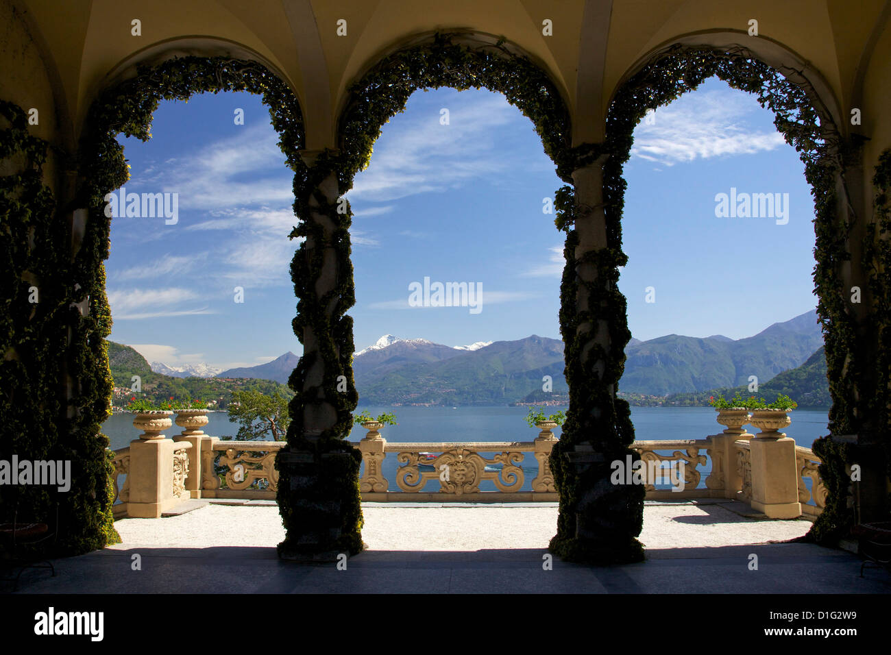 Loggia and gardens of the Villa del Balbianello on Punta di Lavedo in spring sunshine, Lenno, Lake Como, Italian Lakes, Italy Stock Photo
