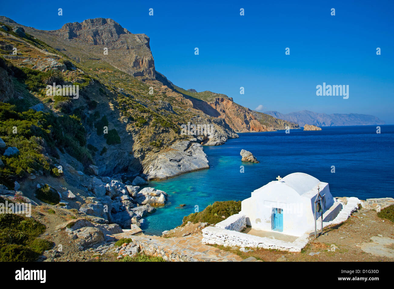 Beach and church, Agia Anna, Cyclades, Aegean, Greek Islands