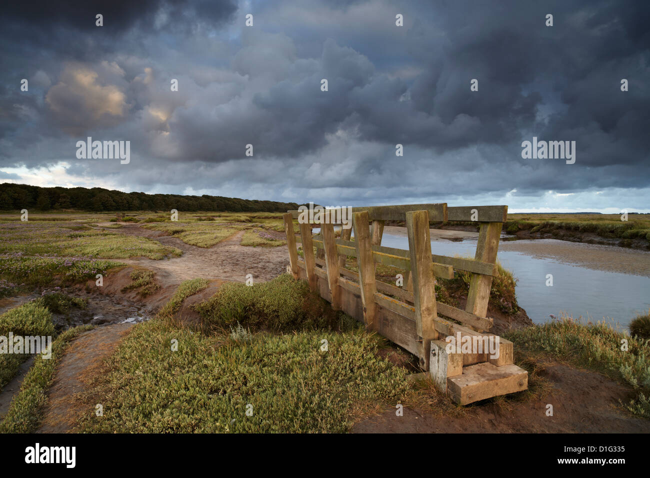 Stromy clouds over the saltmarshes at Stiffkey, Norfolk, England, United Kingdom, Europe Stock Photo
