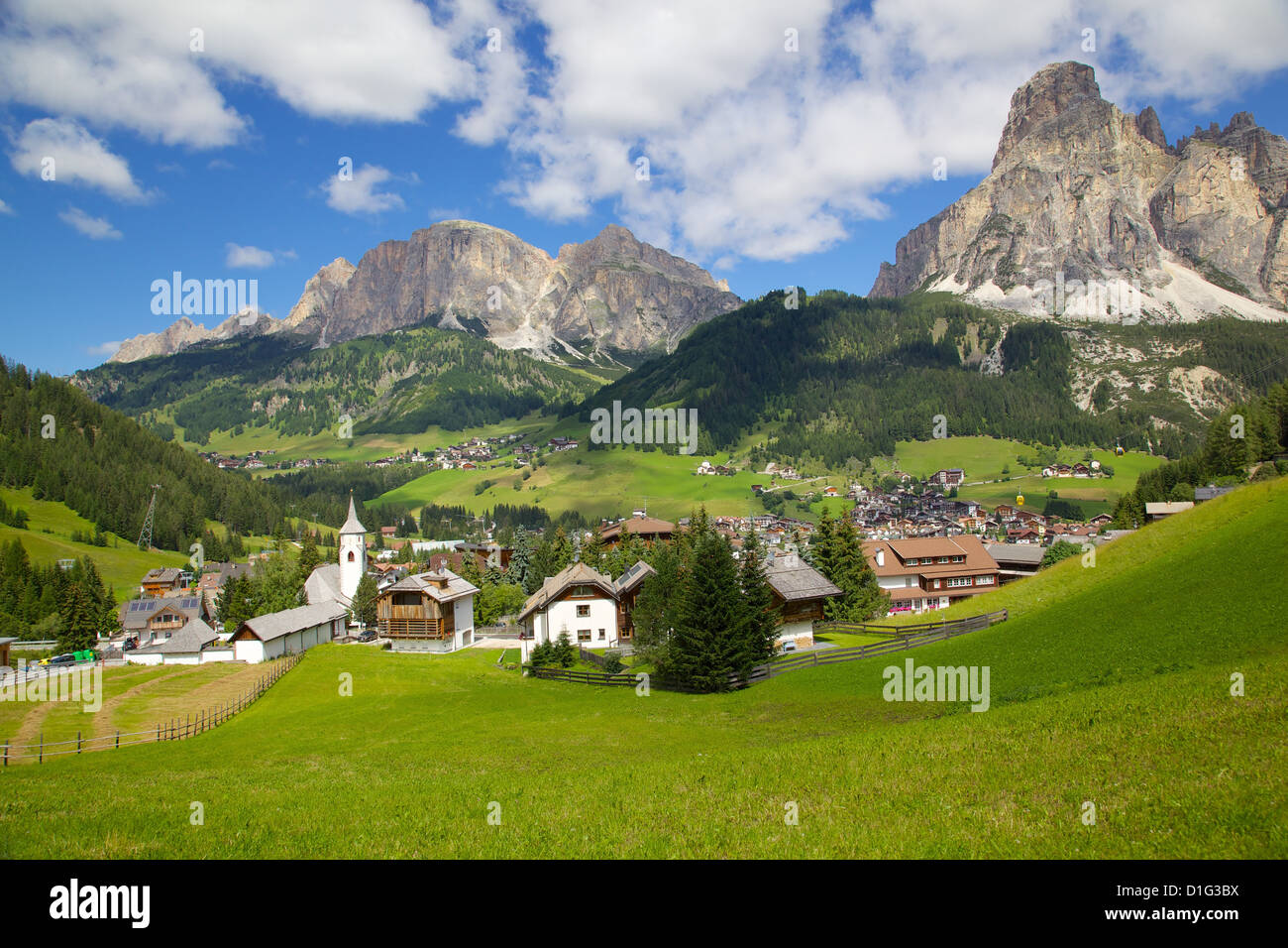 Corvara and Sass Songher Mountain, Badia Valley, Bolzano Province, Trentino-Alto Adige/South Tyrol, Italian Dolomites, Italy Stock Photo