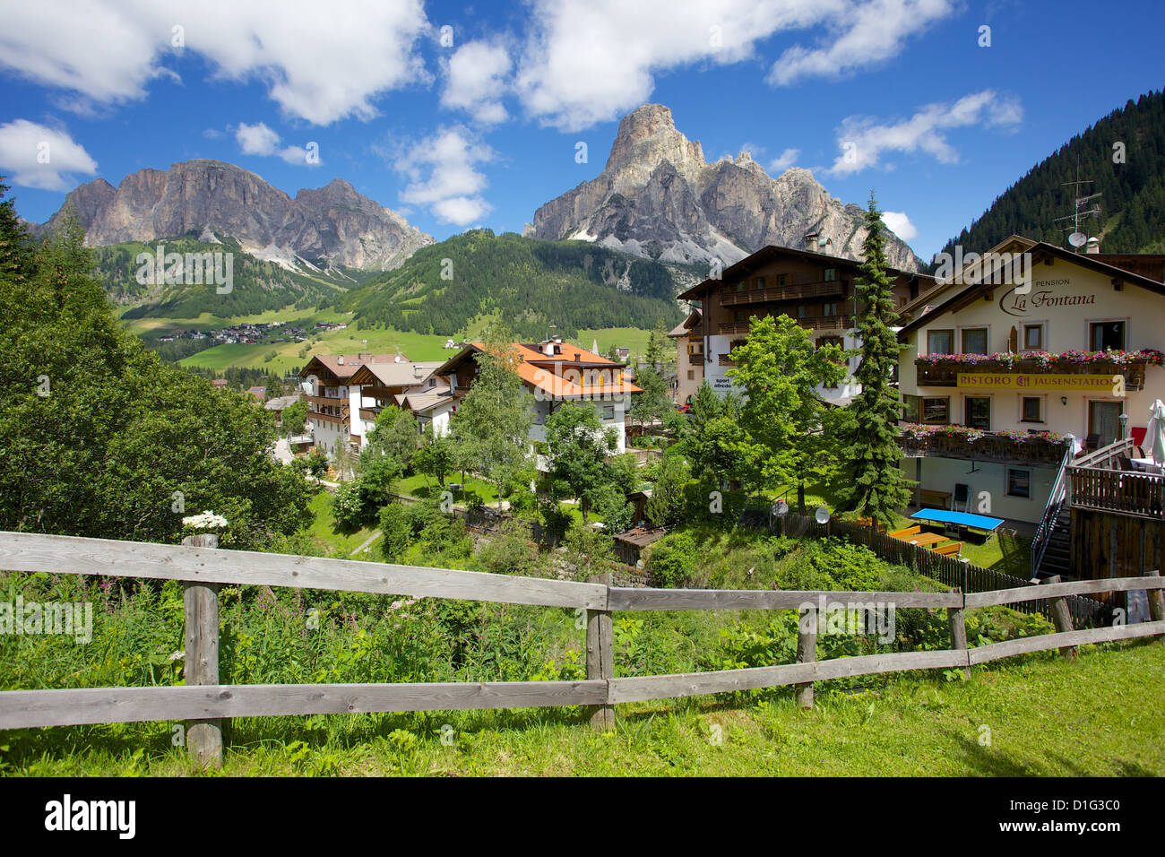 Corvara and Sass Songher Mountain, Badia Valley, Bolzano Province, Trentino-Alto Adige/South Tyrol, Italian Dolomites, Italy Stock Photo