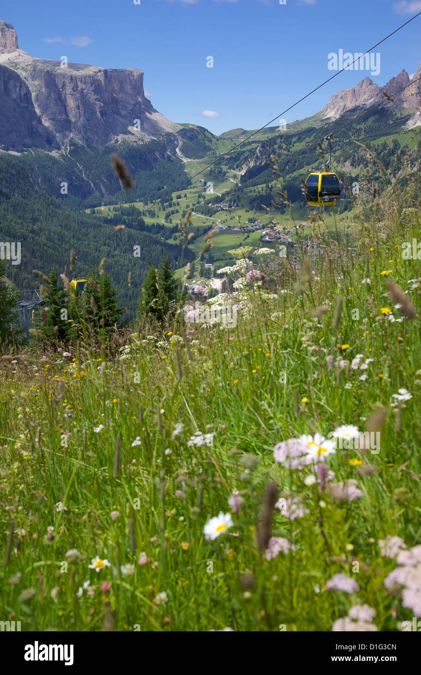 View from Col Alto and cable car, Corvara, Badia Valley, Bolzano Province, South Tyrol, Italian Dolomites, Italy Stock Photo