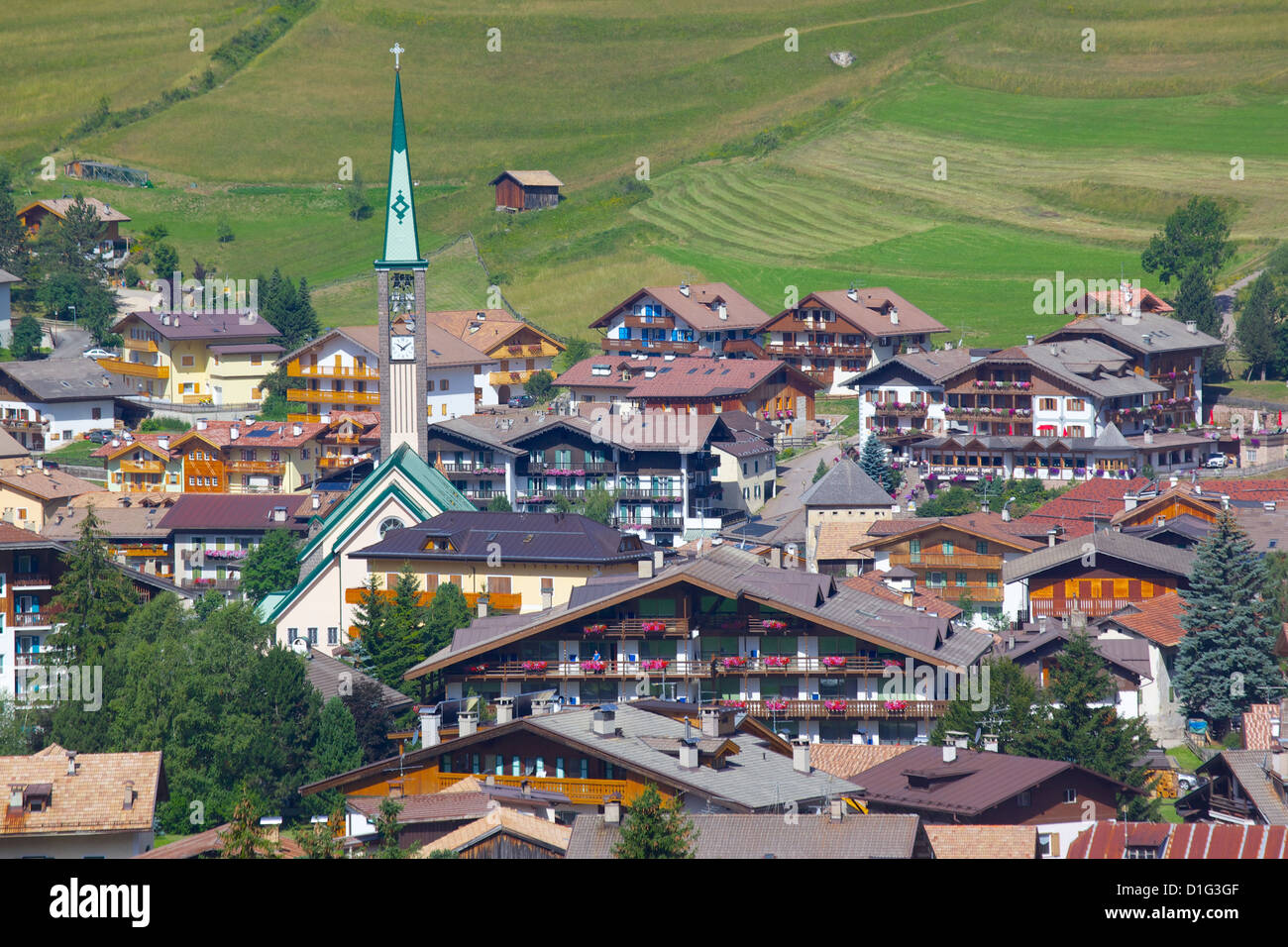 View over town, Pozza di Fassa, Fassa Valley, Trento Province, Trentino-Alto Adige/South Tyrol, Italian Dolomites, Italy, Europe Stock Photo