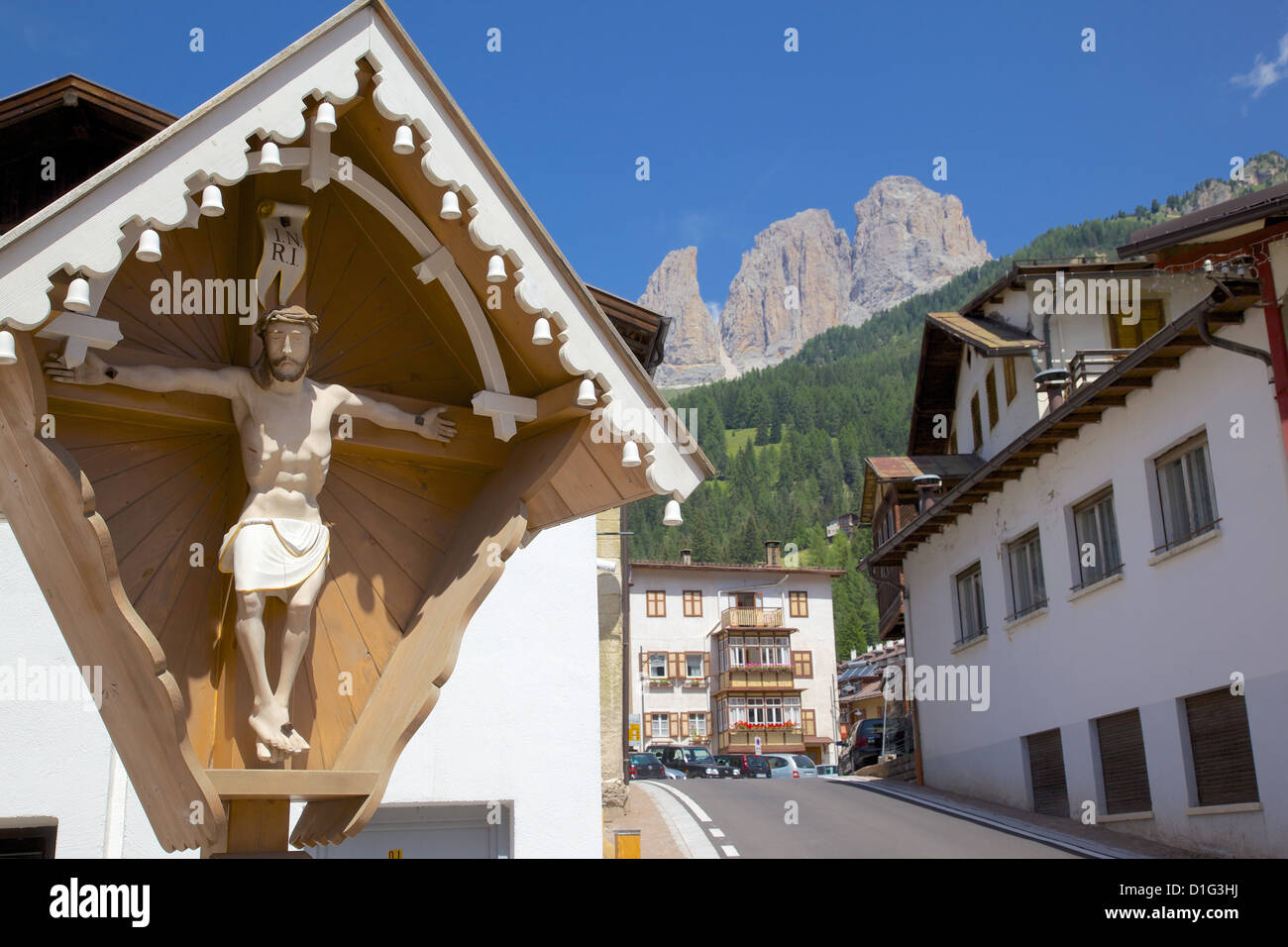 Religious cross, Ciampedel, Fassa Valley, Trento Province, Trentino-Alto Adige/South Tyrol, Italian Dolomites, Italy, Europe Stock Photo