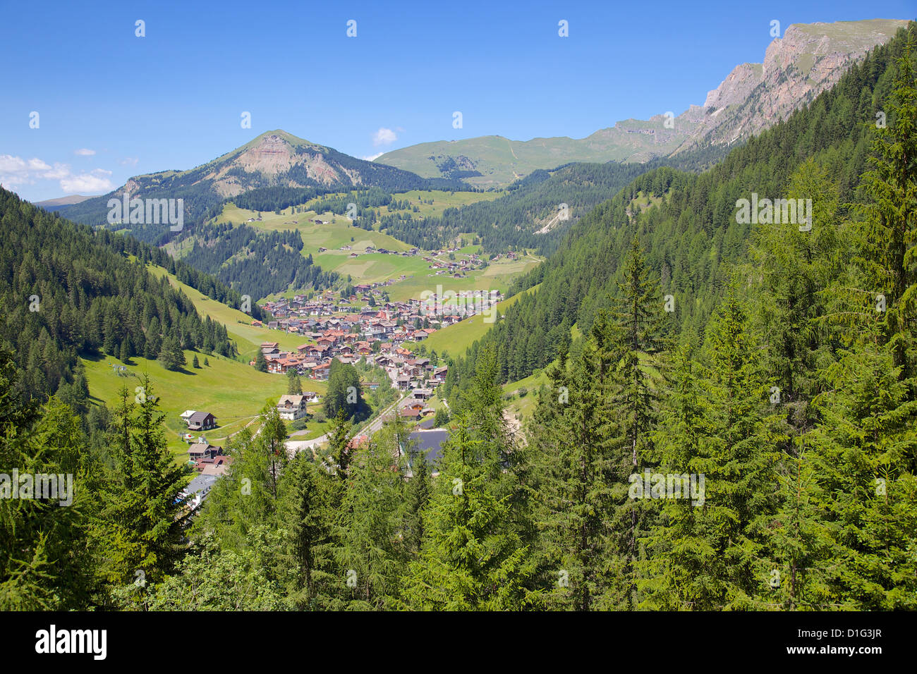View over town, Selva Gardena, Gardena Valley, Bolzano Province, Trentino-Alto Adige/South Tyrol, Italian Dolomites, Italy Stock Photo