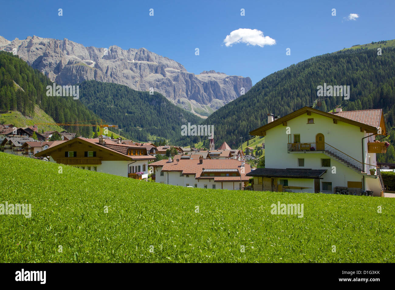 View over town, Selva Gardena, Gardena Valley, Bolzano Province, Trentino-Alto Adige/South Tyrol, Italian Dolomites, Italy Stock Photo