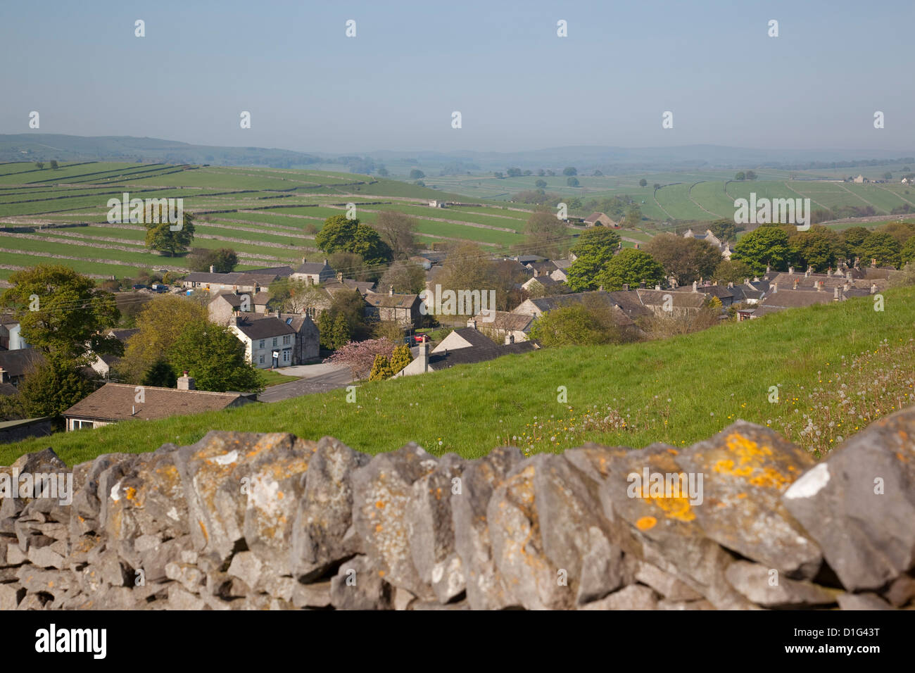 Litton Village and dry stone wall, Derbyshire, England, United Kingdom