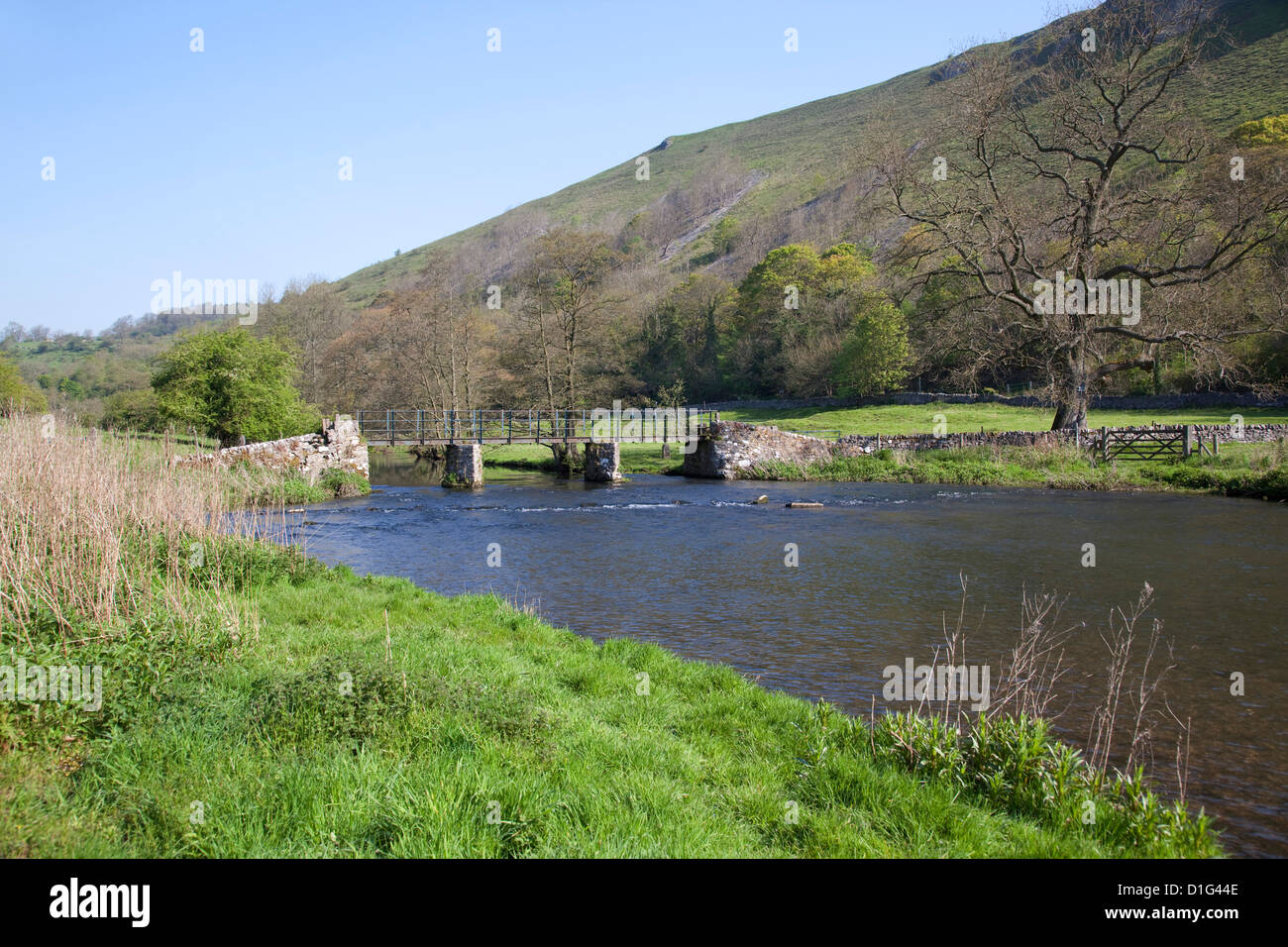 Footbridge and River Wye, Monsal Dale, Derbyshire, England, United Kingdom, Europe Stock Photo