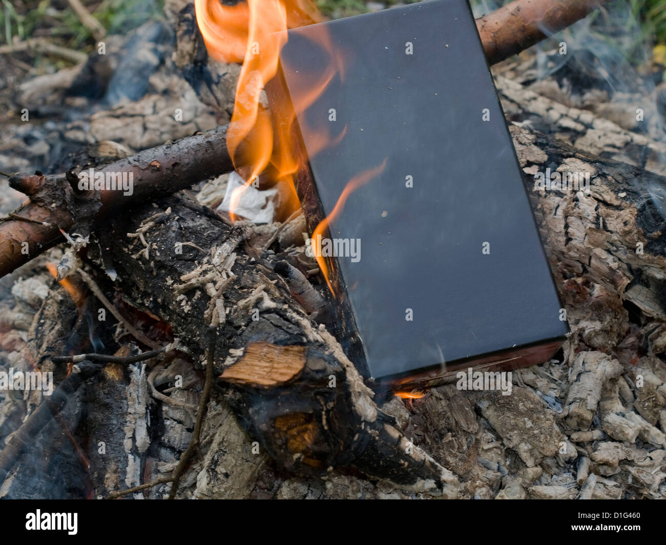 Black box burning in a fire Stock Photo