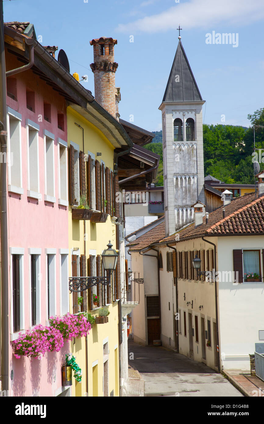 View of street and belltower in the town of Belluno, Province of Belluno, Veneto, Italy, Europe Stock Photo