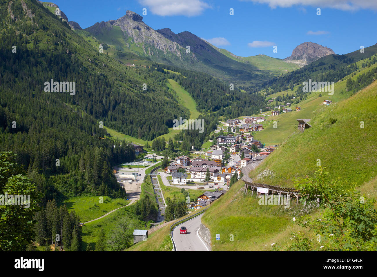 View over town, Arabba, Belluno Province, Trento, Dolomites, Italy, Europe Stock Photo