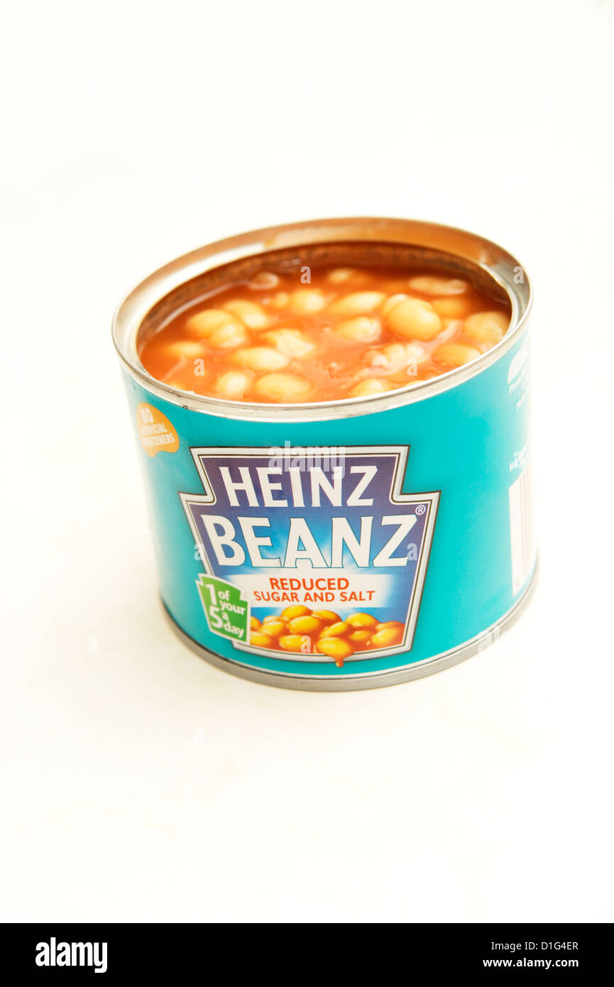 An opened tin of Heinz Beanz baked beans with reduced sugar & salt Stock Photo