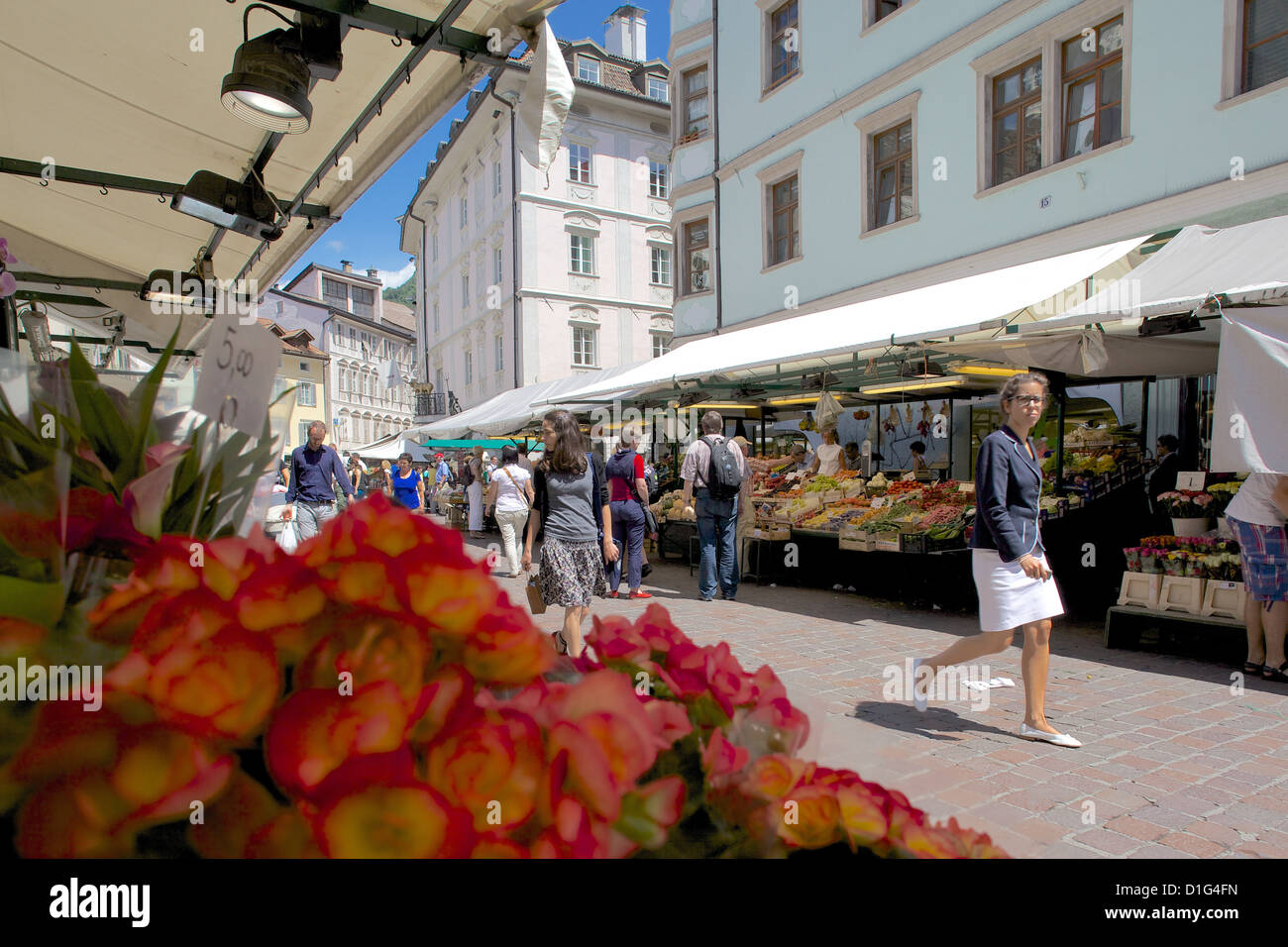 Market stall, Piazza Erbe Market, Bolzano, Bolzano Province, Trentino-Alto Adige, Italy, Europe Stock Photo
