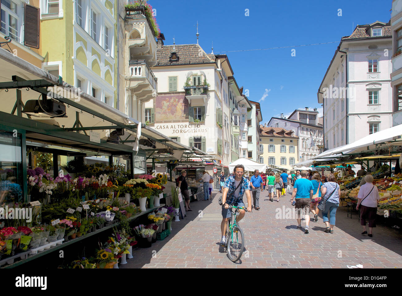 Market stalls, Piazza Erbe Market, Bolzano, Bolzano Province, Trentino-Alto Adige, Italy, Europe Stock Photo