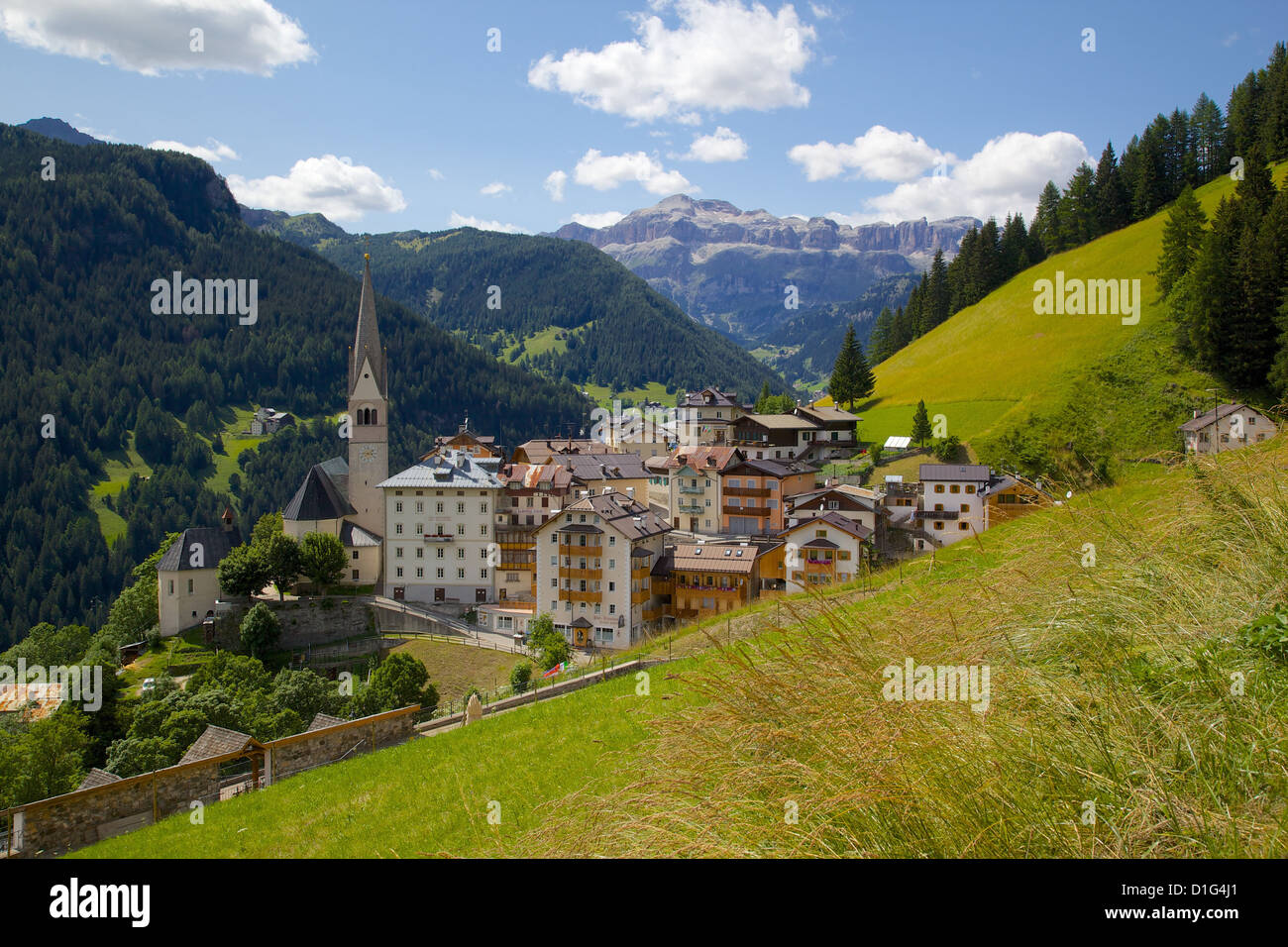 View of village and church, La Plie Pieve, Belluno Province, Dolomites, Italy, Europe Stock Photo