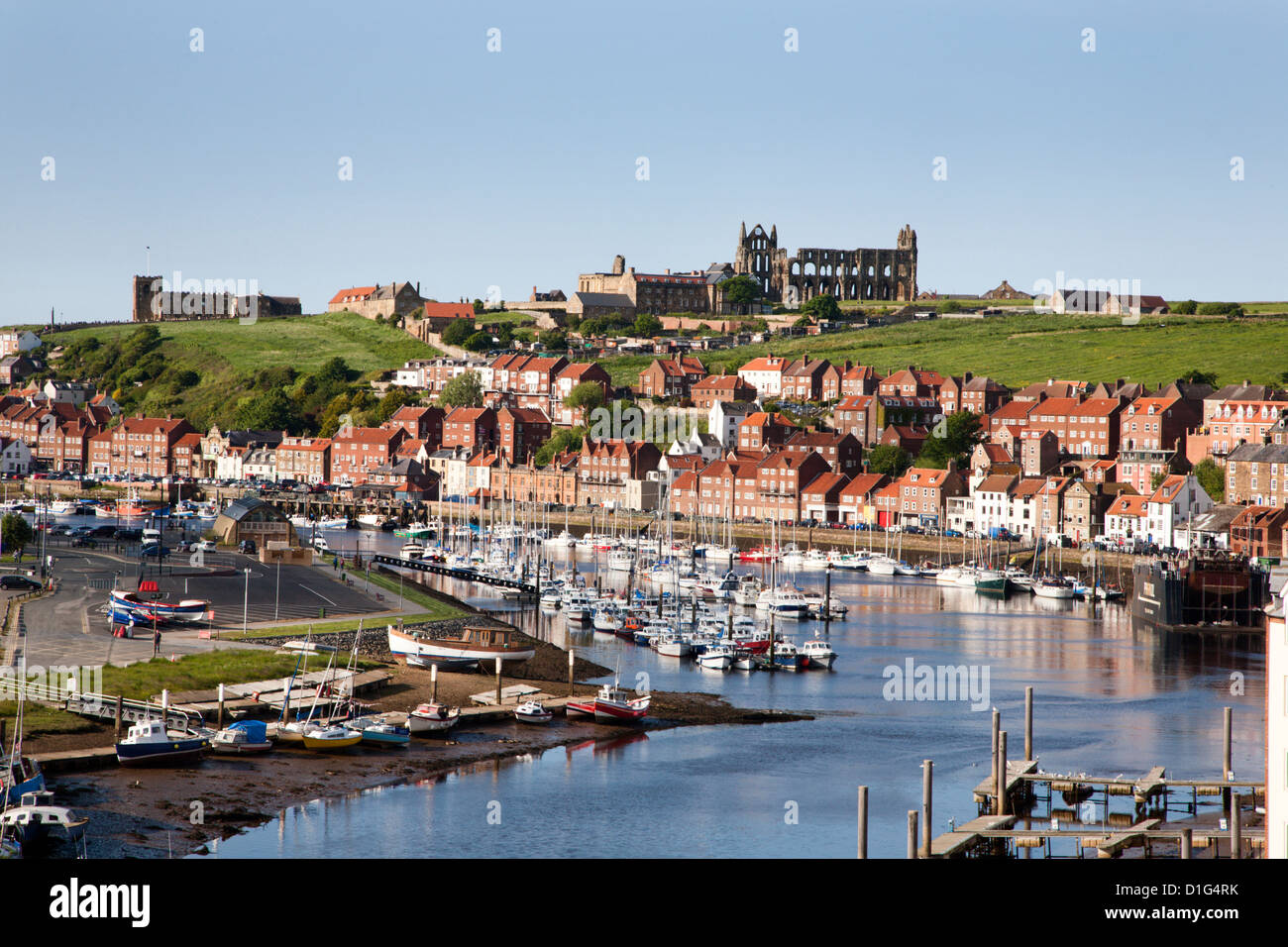 Whitby and the River Esk from the New Bridge, Whitby, North Yorkshire, Yorkshire, England, United Kingdom, Europe Stock Photo