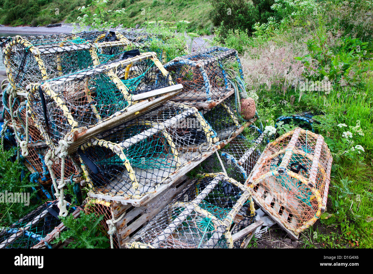 Old lobster pots at Catterline, Aberdeenshire, Scotland, United Kingdom