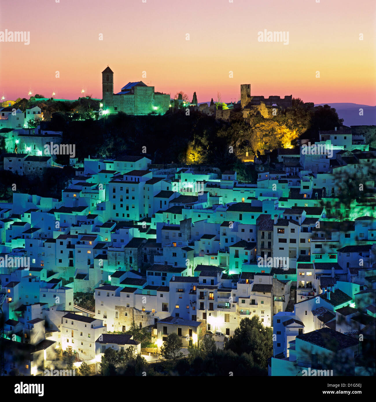 White Andalucian village at dusk, Casares, Andalucia, Spain, Europe Stock Photo