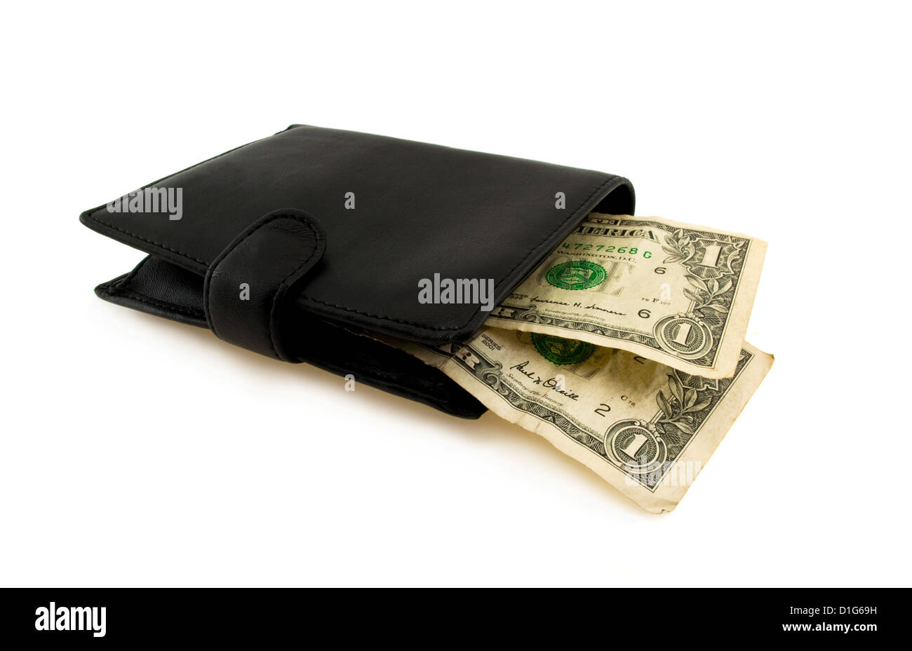 two dollars in wallet on white background Stock Photo