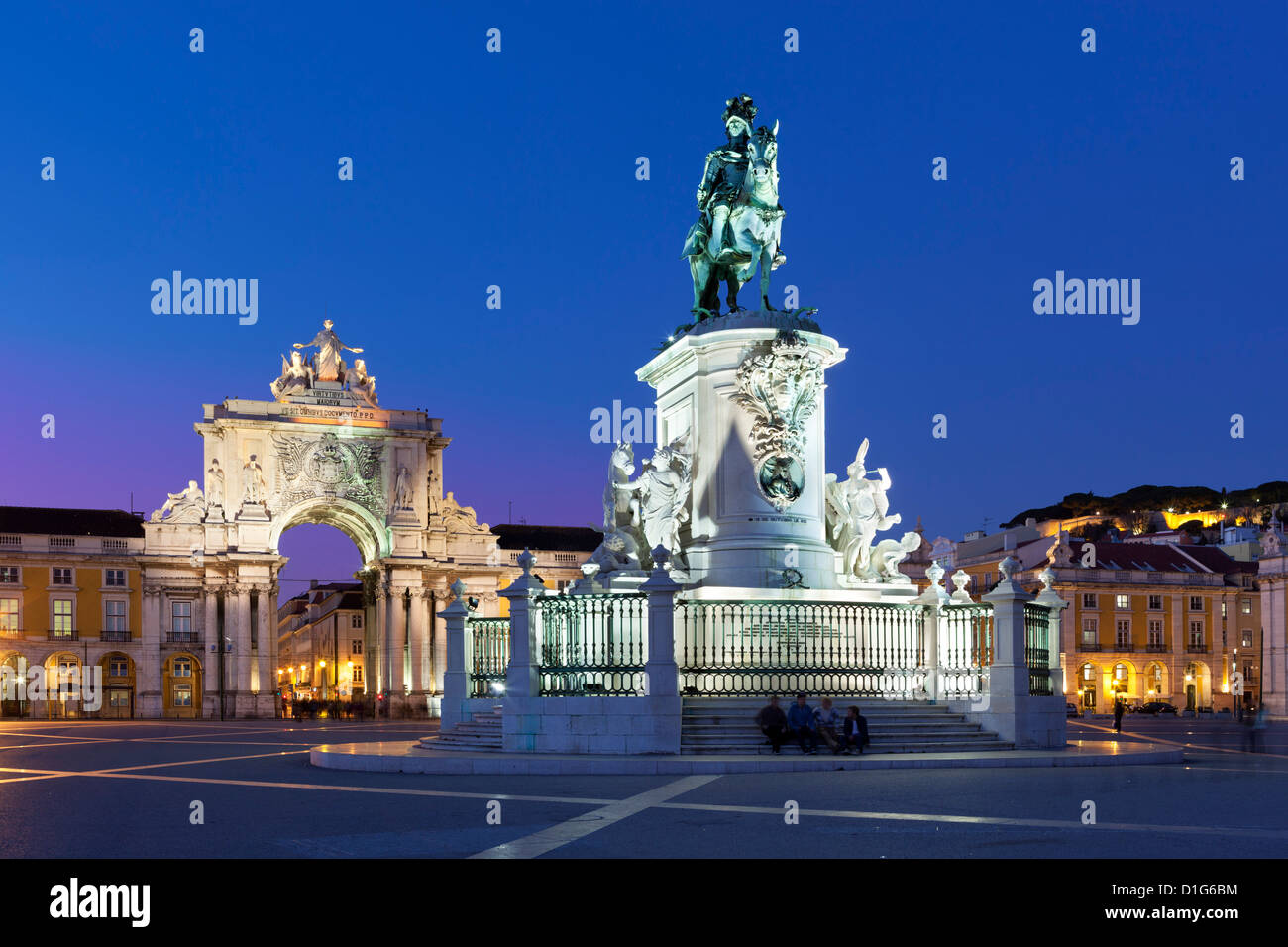 Praca do Comercio with equestrian statue of Dom Jose and Arco da Rua Augusta, Baixa, Lisbon, Portugal, Europe Stock Photo