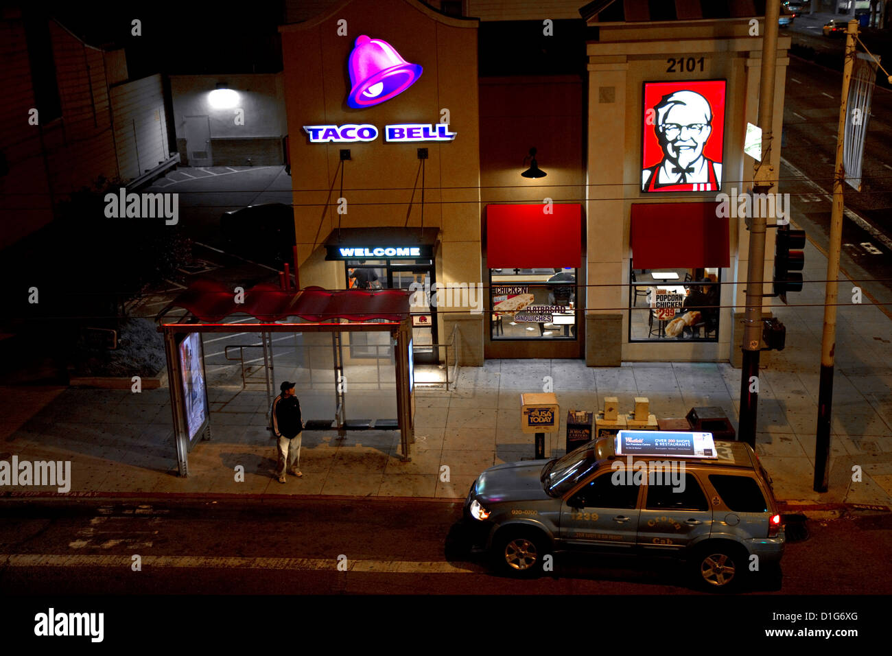 Fast food restaurant combination of Taco Bell and Kentucky Fried Chicken on Lombard Street in San Francisco, California, USA. Stock Photo
