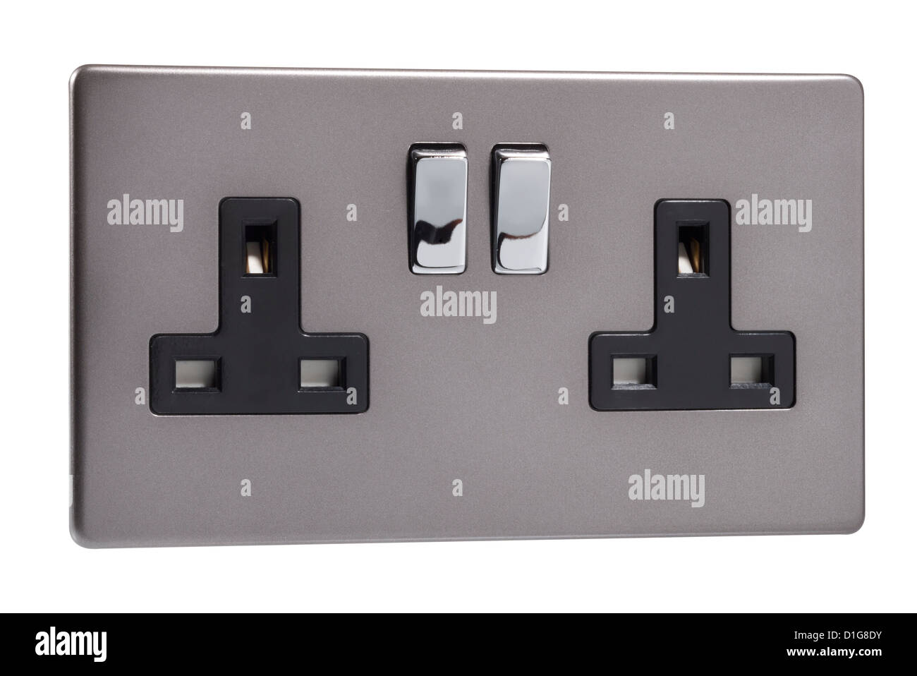 Double UK electrical power socket with switches. Stock Photo