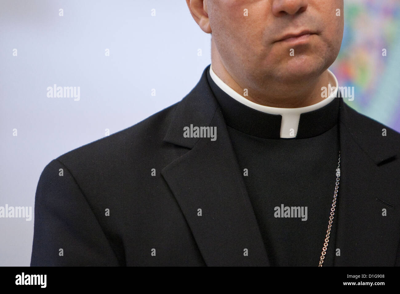 Catholic Bishop wearing the traditional clerical or clergy collar. Also known at a Roman collar Stock Photo