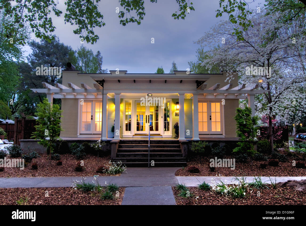 Front exterior California Bungalow and landscaping; Chico; California; USA Stock Photo